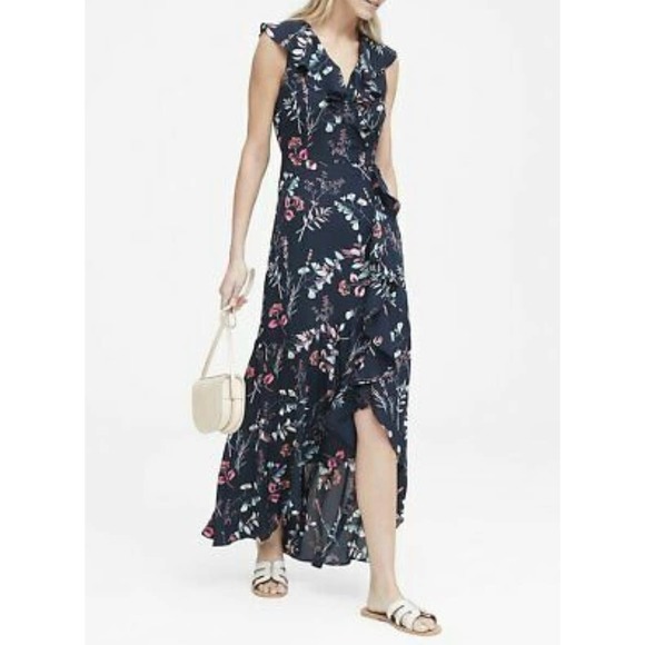 Banana Republic Dresses & Skirts - Banana Republic Navy Floral Ruffle Hi Low Maxi Dress Size 6